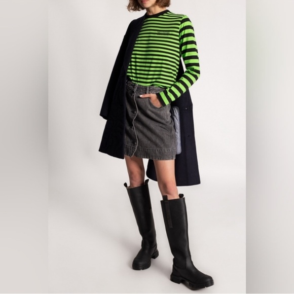 Ganni Top Tee Crew Long Sleeve Striped Casual Chic Preppy Brown White Large - Picture 12 of 13